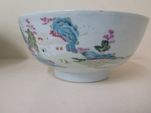 A 19th century famille rose bowl with unusual blue landscape, 20cm diameter x 9cm tall - one crack - Image 2 of 7