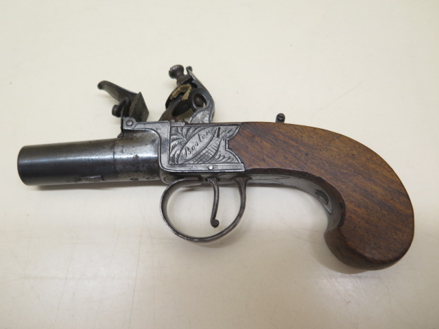 An 1800's box lock flintlock pistol by Boston of Wakefield, 16cm long, generally good, cocks and