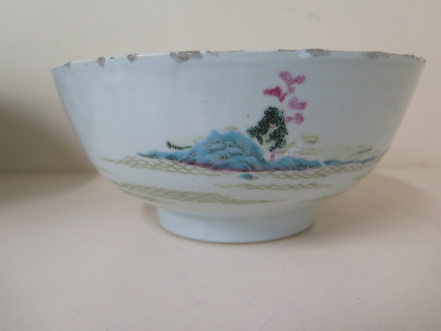 A 19th century famille rose bowl with unusual blue landscape, 20cm diameter x 9cm tall - one crack - Image 3 of 7