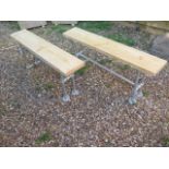 A pair of industrial scaffold wooden seated garden stools, 49cm tall x 120cm x 23cm