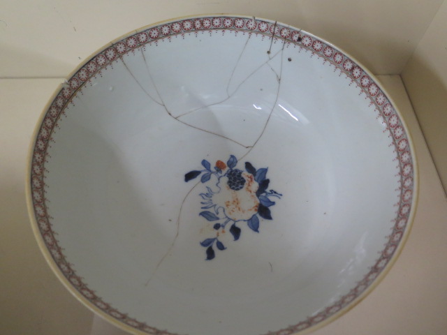 A 19th century famille rose bowl, diameter 23cm x 10cm tall, multiple repairs and chips but - Image 4 of 5