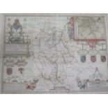A John Speed coloured map of Bedfordshire in a modern frame, generally good and colours bright,