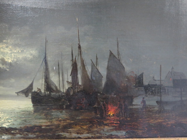 William Anslow Thornley 1858-1898 oil on canvas moored fishing boats in moonlight, frame size 30cm x - Image 2 of 6