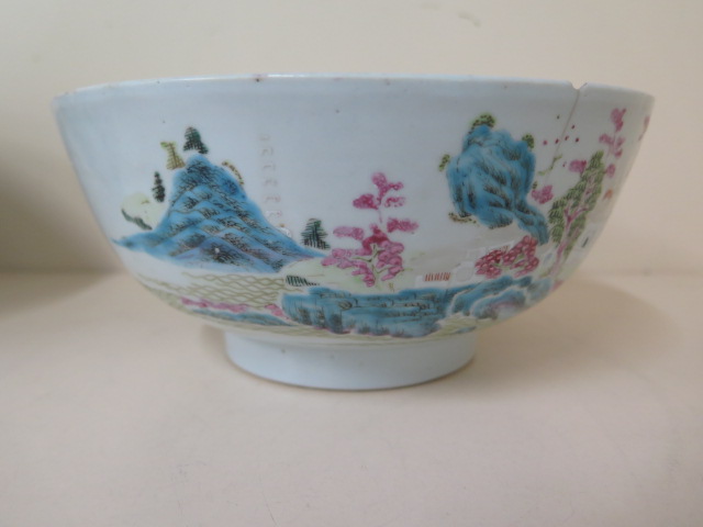 A 19th century famille rose bowl with unusual blue landscape, 20cm diameter x 9cm tall - one crack