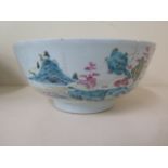 A 19th century famille rose bowl with unusual blue landscape, 20cm diameter x 9cm tall - one crack
