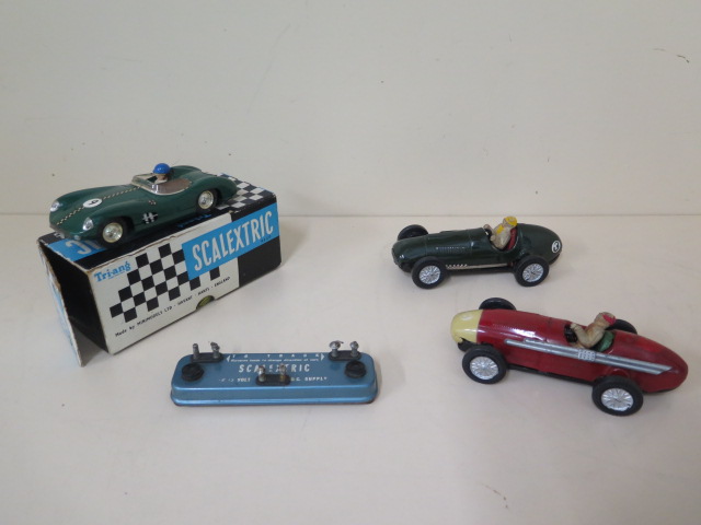 Two tinplate Scalextric racing cars with drivers, steering wheel missing to one, not running some