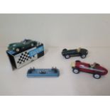 Two tinplate Scalextric racing cars with drivers, steering wheel missing to one, not running some