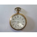 A gold plated top wind pocket watch, 5cm wide, the dial signed Rowe Bros Chicago, some wear to plate