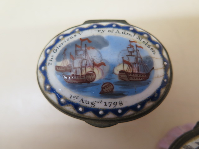 Two Bilson enamel pots The Glorious Victory of Adm Nelson 1st August 1798 and Peace, 5cm and 4.5cm - Image 2 of 8