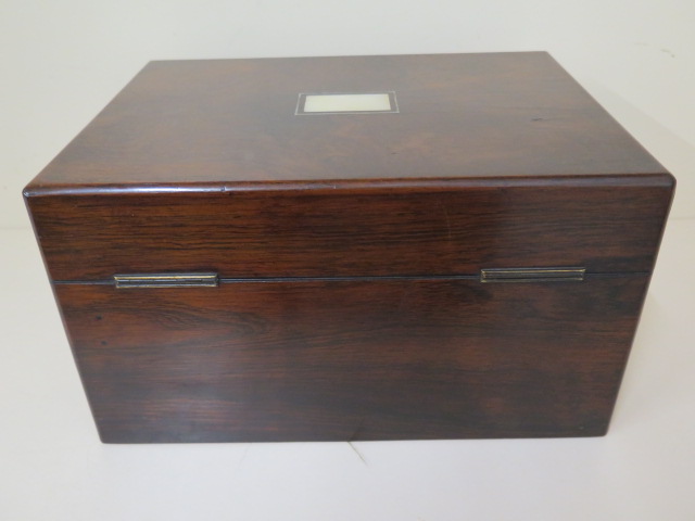 A Victorian walnut travel box with a fitted interior containing nine bottles and tidies with - Image 7 of 8
