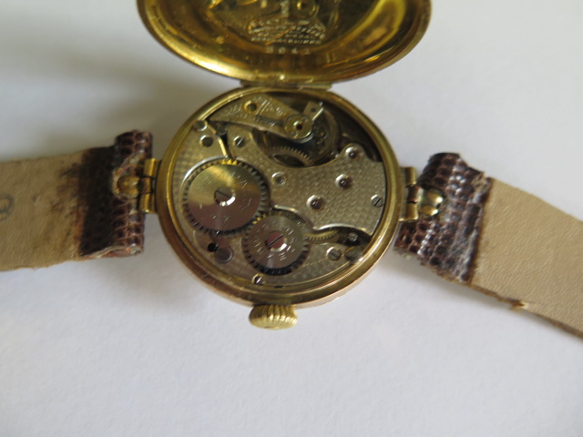 A 9ct yellow gold Rolex manual wind Trench watch, 33mm wide, on an adapted modern strap with Roleksa - Image 4 of 5