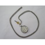 A silver key wind pocket watch, 35mm wide, on a 104cm chain, in running order with key