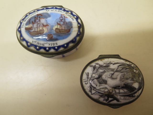 Two Bilson enamel pots The Glorious Victory of Adm Nelson 1st August 1798 and Peace, 5cm and 4.5cm