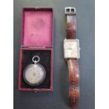 A gents Emporio Armani quartz wristwatch, working and a silver pocket watch, 4cm wide, boxed but not