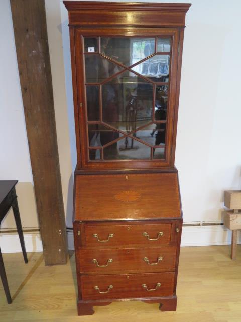 A good quality Edwardian inlaid mahogany three drawer bureau bookcase of small proportions, 178cm