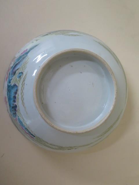 A 19th century famille rose bowl with unusual blue landscape, 20cm diameter x 9cm tall - one crack - Image 5 of 7