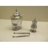 A Georgian silver top cut preserve 13 cm tall, a 19th Century pepper 9cm tall, and a pair of