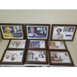 A collection of nine framed £5 coin First Day covers, all good condition