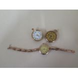 A 9ct gold wristwatch on a 9ct sprung strap, approx 20 grams, a 9ct gold pocket watch with gold dust