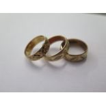 Three 9ct gold hallmarked band rings, sizes P/R, approx 12 grams, generally good