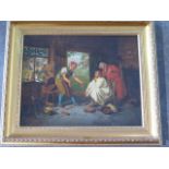 An entertaining oil on canvas interior of a cobbler shoemakers house in a modern gilt frame, frame