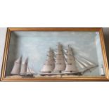 A gilt framed half hull model of a three mast sailing ship with smaller twin mast sailing ship and