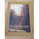 John Rohda oil on canvas Ely Cathedral in a leaf and berry frame, frame size 94cm x 68cm, in good