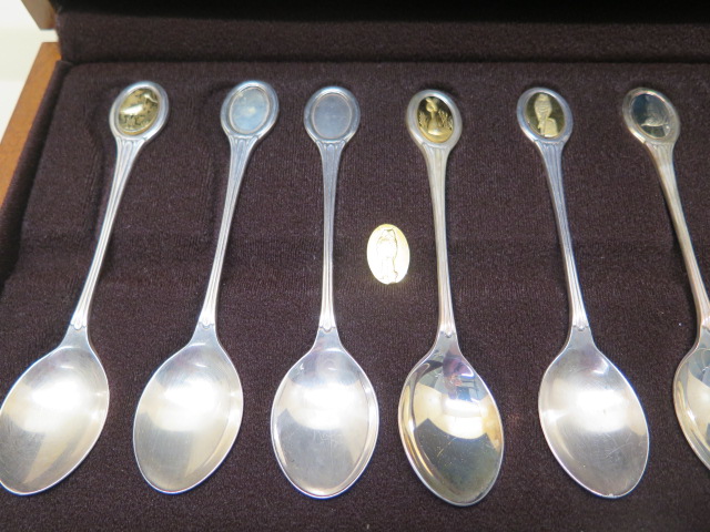 Eleven silver RSPB spoons in a presentation box, total approx 9 troy oz- one spoon missing one inset - Image 2 of 2