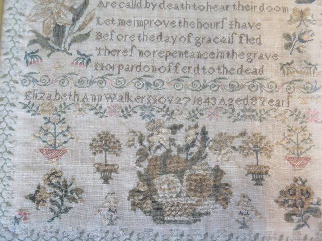 A 19th century pictorial and prose sampler by Elizabeth Ann Walker Nov 27 1843, aged 8 years, in a - Image 2 of 4