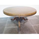 A good Victorian rosewood marquetry inlaid circular breakfast table on an ornate carved triform