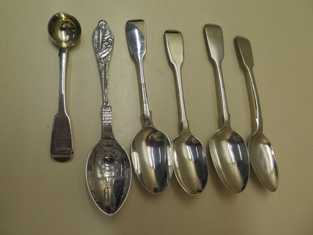 A silver mustard spoon, a silver Birthday spoon and four other silver spoons, approx 4.3 troy oz
