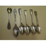 A silver mustard spoon, a silver Birthday spoon and four other silver spoons, approx 4.3 troy oz