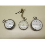 Three silver pocket watches, all key wind, not currently running, total weight approx 10 troy oz