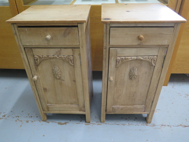 A pair of stripped pine bedside cupboards, 80cm tall x 41cm x 38cm