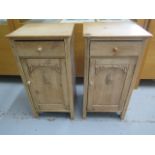 A pair of stripped pine bedside cupboards, 80cm tall x 41cm x 38cm