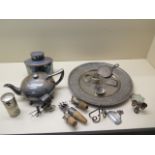 A Chinese silver rickshaw, three assorted bottle stoppers, a Lama salt and assorted plated items