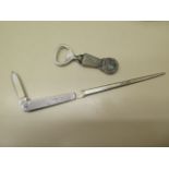 A silver penknife letter opener inscribed 'A New Mayflower launched Sept 28th 1949' hallmarked