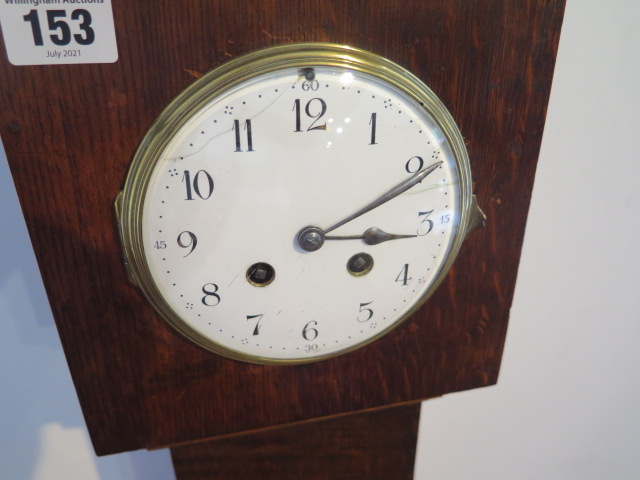 An oak case 8 day granddaughter clock with French striking movement - Height 126cm - cracks to - Image 2 of 3