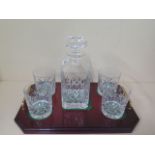 A Galway glass whisky decanter and four whisky glasses on a mahogany tray, in good condition