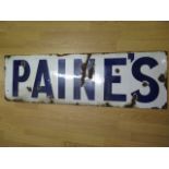 A vintage enamel blue and white Paine's enamel sign, 114cm x 36cm, chips to enamel and rusting-