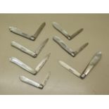 A collection of seven silver bladed mother of pearl fruit knives, all good condition