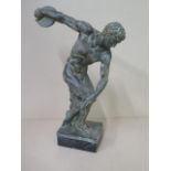A plaster figure discus thrower on a marble base, 40cm tall, some scuffing but no obvious breaks