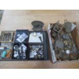 Two old clock movements, assorted pendulums, watches, movements and tools