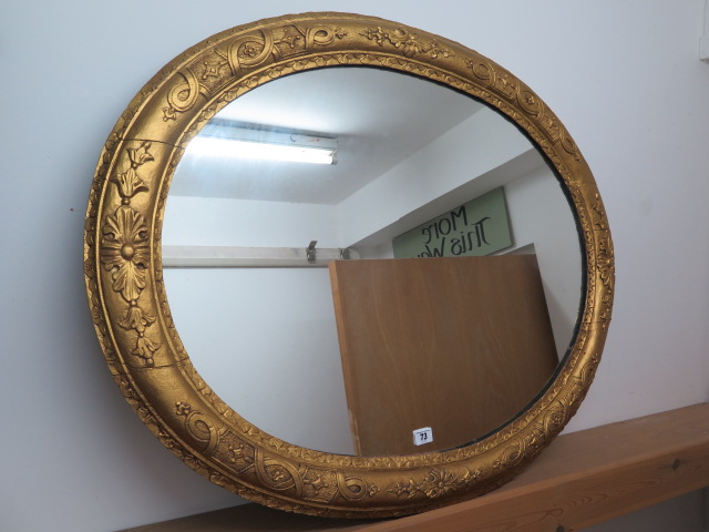 An oval 19th gilt framed mirror with later glass, 78cm x 100cm, frame has been regilded