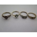 Four 9ct yellow gold dress rings, three are hallmarked, total weight approx 6.5 grams, sizes N/P/Q/