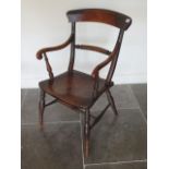 A Georgian rope back cherrywood and elm scroll open armchair on turned legs with good patina and