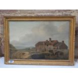 An unsigned oil on canvas farm scene in a gilt frame, 31cm x 44cm, in good condition no obvious