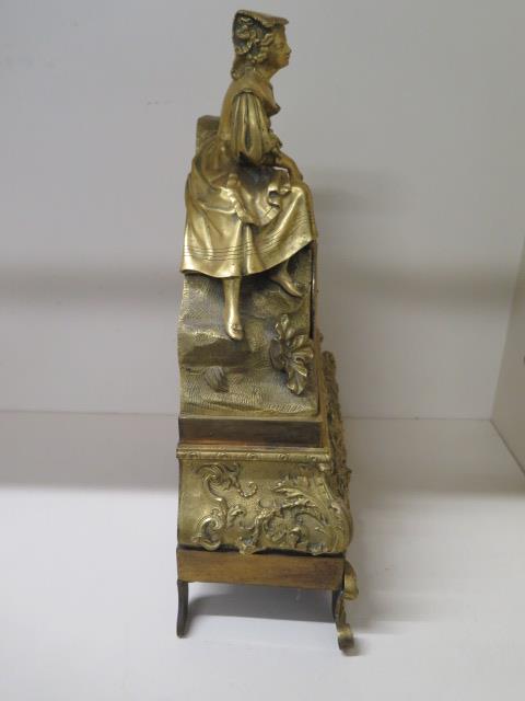 A French bronze ormulu figural striking mantle clock, 40cm tall x 27cm wide x 12cm deep, with silk - Image 4 of 6