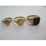 Three 9ct hallmarked signet rings, sizes J/T/V, approx 11 grams some wear, stone has crack otherwise