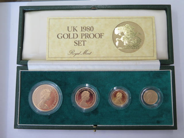 A Royal Mint 1980 gold proof four coin set £5, £2, sovereign and half sovereign, each has obverse